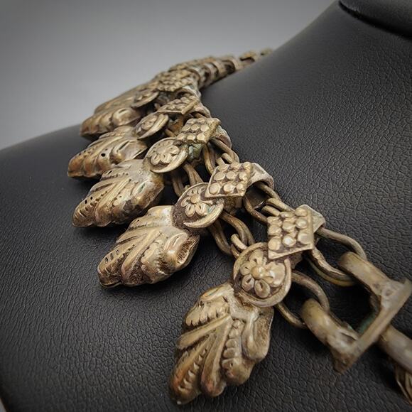 Antique Gilt Brass Leaf Fringe Bib Necklace Austrian Bohemian c1918–1930 S-Hook - Picture 6 of 8